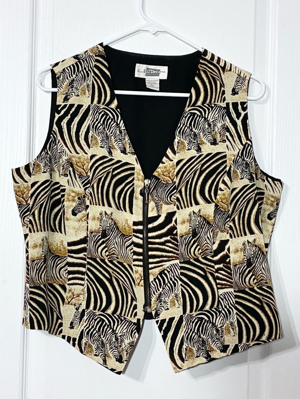 VTG 90s E.K. Designs Zebra Patchwork Print Zip Front Vest Black Tan Size Large